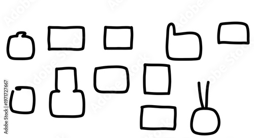 A pattern of simple hand drawn shapes and various outlines create a repeating artistic motif with clean black minimalist lines