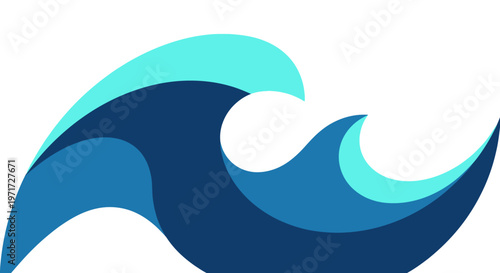 A stylized minimalist graphic illustration of ocean waves featuring vibrant blue color gradients and smooth flowing curved artistic shapes