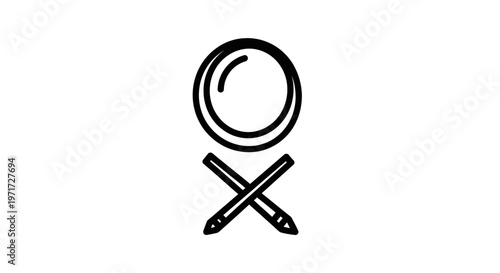 Minimalist line art icon featuring a magnifying glass placed above two crossed pencils, representing tools for research, writing, and editing.