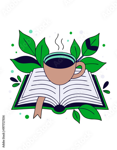 Open book with a steaming cup of coffee resting on its pages surrounded by green leaves and decorative elements, symbolizing World Book and Copyright Day celebration
