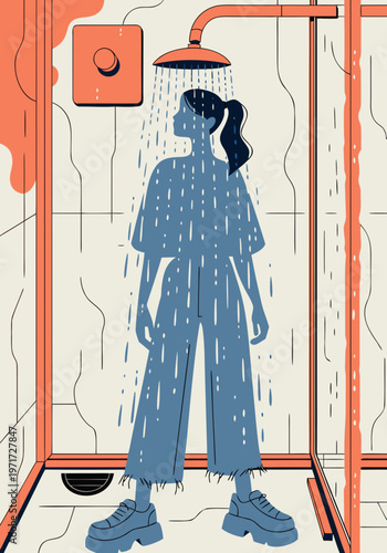 Illustration of a person standing under a shower with water cascading down, apathy and loss of self, person stands under shower without movement or emotion as if switched off concept