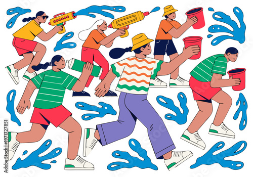Vector illustration of diverse people celebrating Songkran festival, engaging in water fights with water guns and buckets, surrounded by splashes of water in a vibrant setting