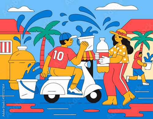 Illustration of a vibrant Thailand street scene during Songkran festival, featuring people splashing water and celebrating with colorful decorations and tropical palm trees