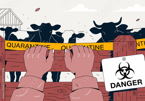 Close up of human hands gripping in despair farm fence with quarantine foot-and-mouth disease (FMD) virus sign and cows in the background, emphasizing agricultural safety and biosecurity measures
