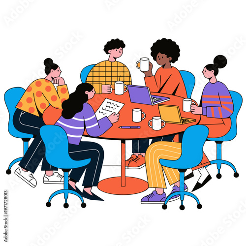 Diverse group of coworkers collaborating around a table with laptops and coffee