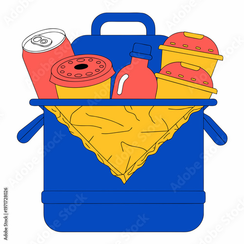 Blue lunch box filled with pizza soda ketchup and containers on white background symbolizing meal prep or takeout