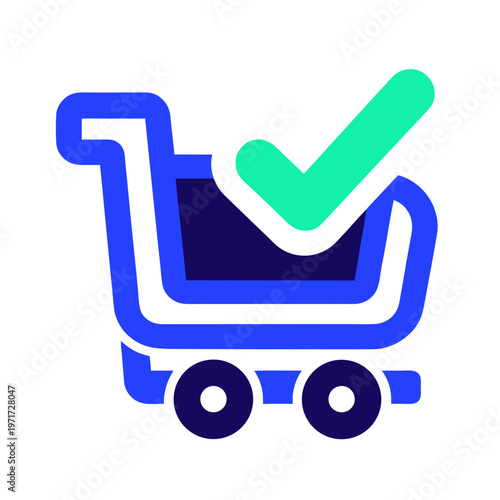 Shopping cart icon with green checkmark on white background symbolizing successful purchase or approval