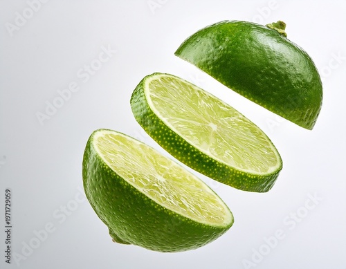 levitation of lime slices on a white background
