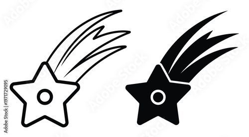 Two stylized of a shooting star, one outlined and one solid black
