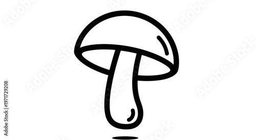 Black and white hand-drawn illustration of a single mushroom with a simple stem and cap. Isolated on a plain background.