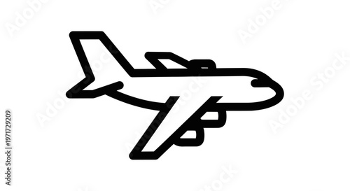 Black and white illustration of a commercial airplane with two engines and visible landing gear on a plain background.