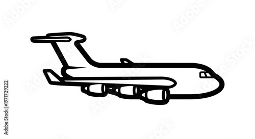 Black and white illustration of a military cargo airplane isolated on a clean white background. Simple, minimalist design.