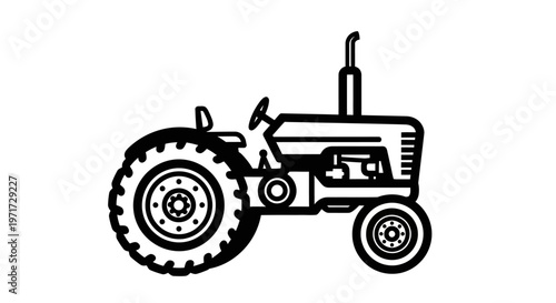 Black-and-white vector illustration of a classic tractor with large wheels and exhaust pipe. Isolated on plain background.