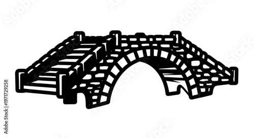 Black and white illustration of an arched stone bridge spanning a gap.