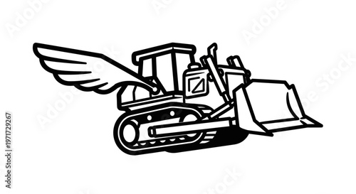 Bulldozer with wings isolated on white background, symbolizing power and freedom in a creative illustration.