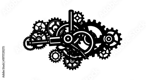 Illustration of gears and mechanical components in a dynamic black and white style.