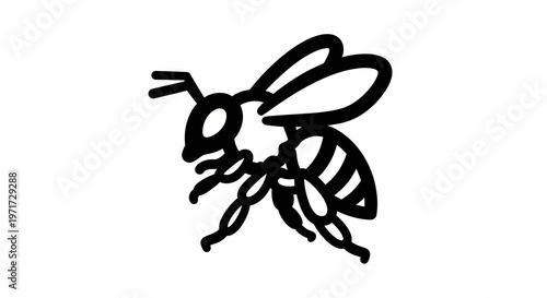 Black and white illustration of a stylized bee with simplified details and bold outlines. The design emphasizes minimalism and clarity.