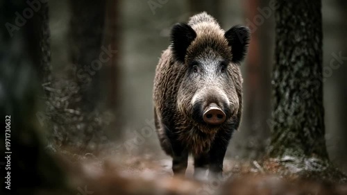 Wild boar walking through a misty forest setting