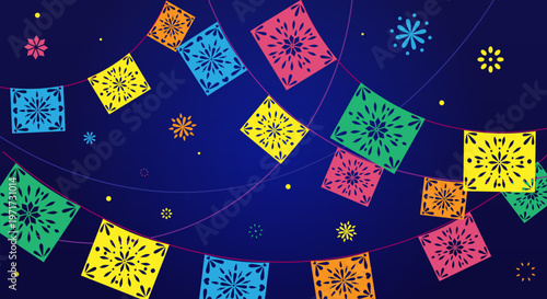 Colorful papel picado banners hanging across a dark night sky in a flat graphic style on a deep blue background, celebrating festive decoration concept. Hand-drawn vector illustration