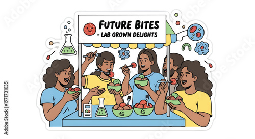 People enjoying lab-grown food at a futuristic market stall