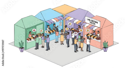 people shopping at colorful market stalls with food