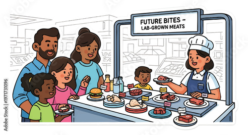 Family trying lab-grown meat at a futuristic food counter