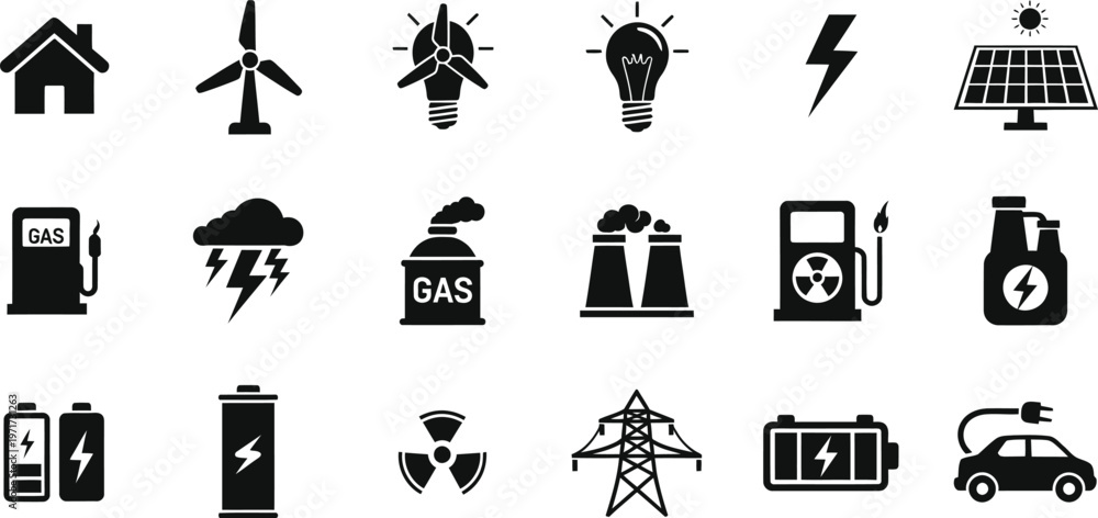 Fototapeta premium Energy source icons silhouette power electricity and renewable energy symbols