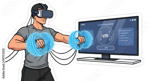 Man wearing VR headset and holding controllers with TV screen