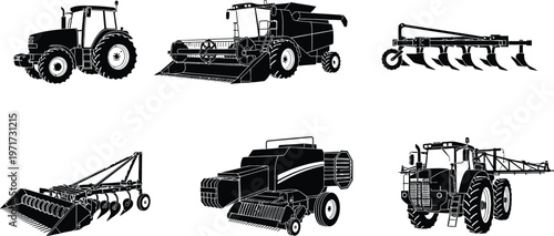 Agricultural machinery silhouette collection tractors harvesters and farm equipment