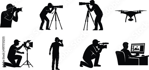 Photography and videography team silhouette operators drone and editor