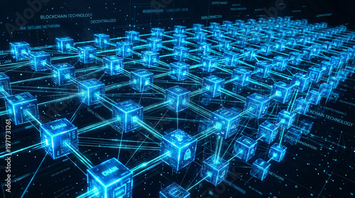 Blockchain technology cube background. Digital network chain, data connection concept. Abstract blue 3D geometric blocks linked by lines for crypto finance, business innovation and fintech