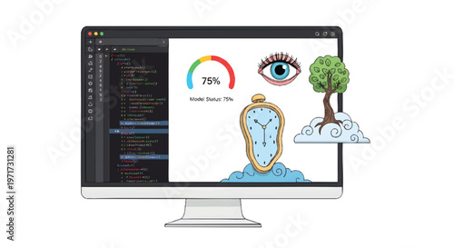Computer monitor displaying creative coding and eco-friendly concept art