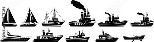 Black silhouette collection of various ships and boats on white background