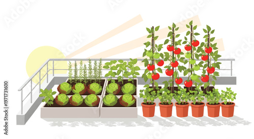 Urban gardening with potted plants and vegetable garden boxes on balcony