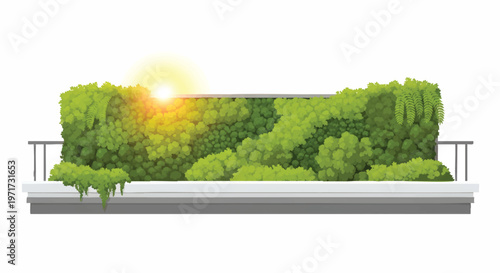 Green wall on balcony with railing at sunrise