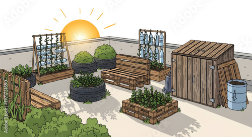 Roof garden with wooden shed and plants on sunny day