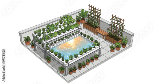 3D isometric garden with pool and plants