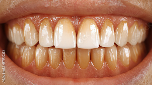 Human Teeth with Yellow Coffee Stains and Enamel Discoloration for Dental Care
