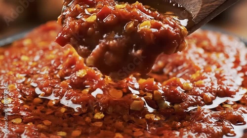 A spoon scoops up a portion of spicy chili sauce from a container filled with the vibrant red condiment.