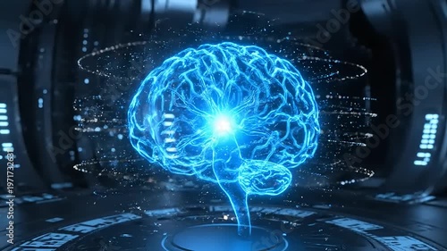 A futuristic blue brain with a bright light glows in a science laboratory environment with technology and industry elements.
