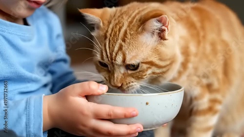 A child gently holds a bowl as an orange cat eats from it indoors