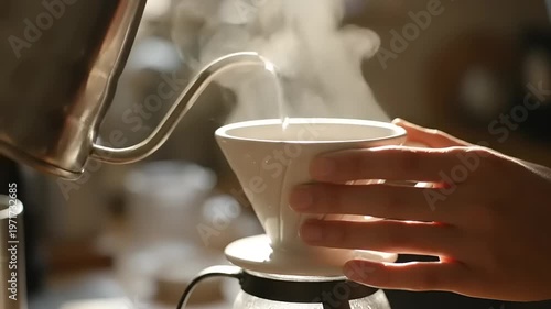 Person pouring steaming hot water into a white coffee cup indoors