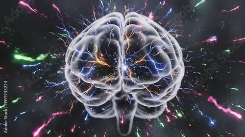 A generated futuristic brain illustration bursts with colorful vibrant lights