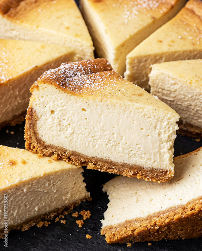 Close-up detail of several slices of cheesecake