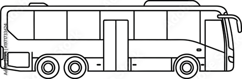 Double-decker tour bus with open rear entrance and luggage storage