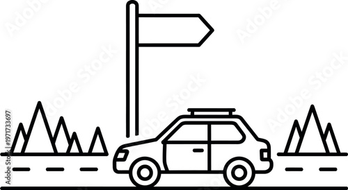 Car navigating through mountainous terrain with directional signpost.