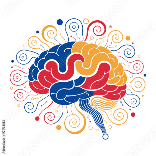Vibrant brain illustration with colorful neural network connections and swirling lines on white background