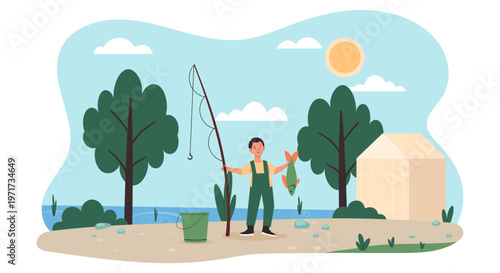 A boy holding a fish with a fishing rod near a lake in flat cartoon style on a bright outdoor background, showing leisure and nature activity concept. Hand-drawn vector illustration