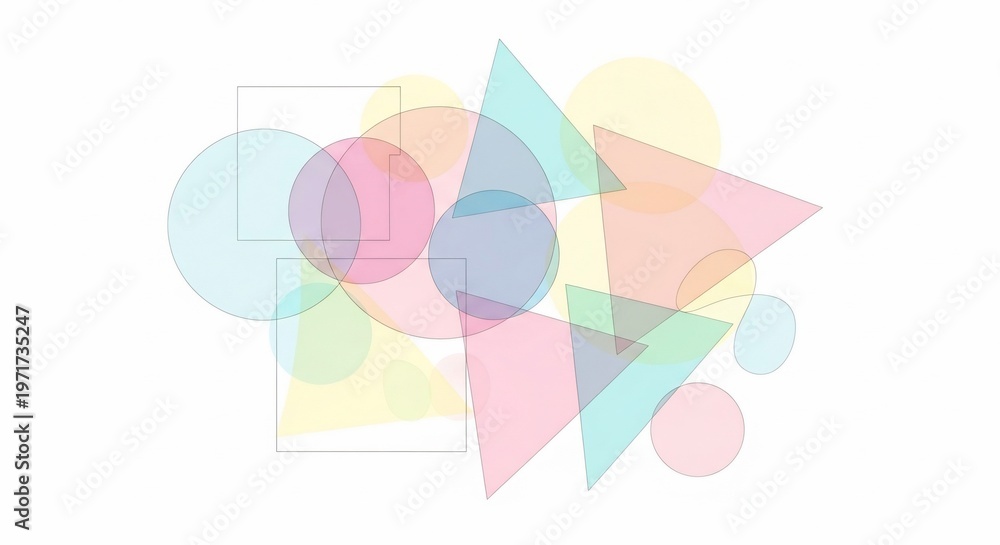Obraz premium Abstract Pastel Geometric Shapes Overlapping Translucent Circles and Triangles on White Background.