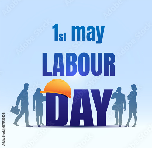 Silhouetted workers and bold Labour Day text with a hardhat in a clean modern graphic style on a light gradient background, symbolizing labour rights. Hand-drawn vector illustration